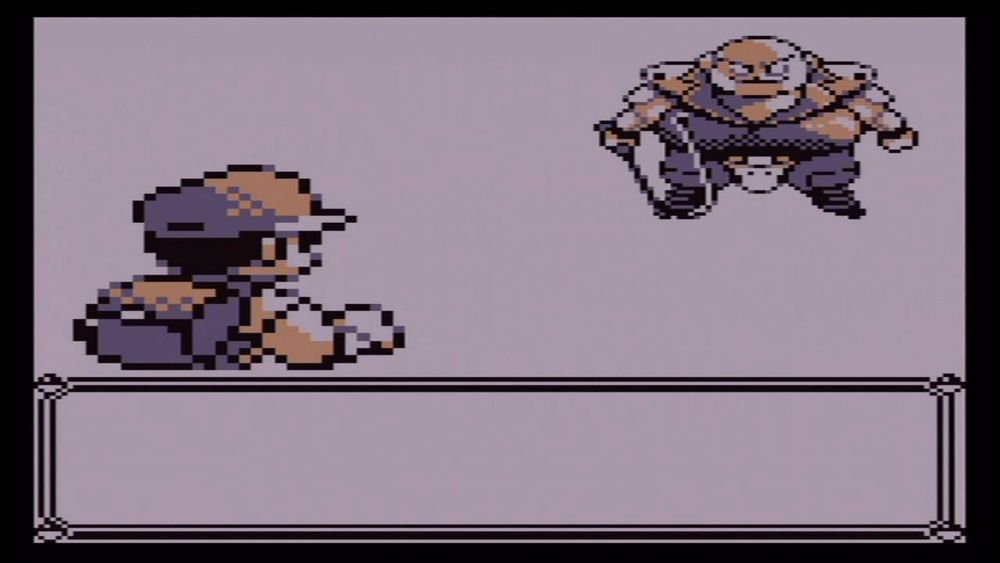 A pixelated battle screen from an early Pokémon game shows the player character on the left facing off against a Biker Punk on the right. The Biker Punk is a bald, muscular man wearing a black outfit with spiked shoulder pads and holding a whip. The background is a plain gray, and the text box at the bottom is empty.