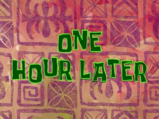 A colorful patterned background with the green text “One Hour Later” in a bold cartoon style, referencing the time card transitions from SpongeBob SquarePants.