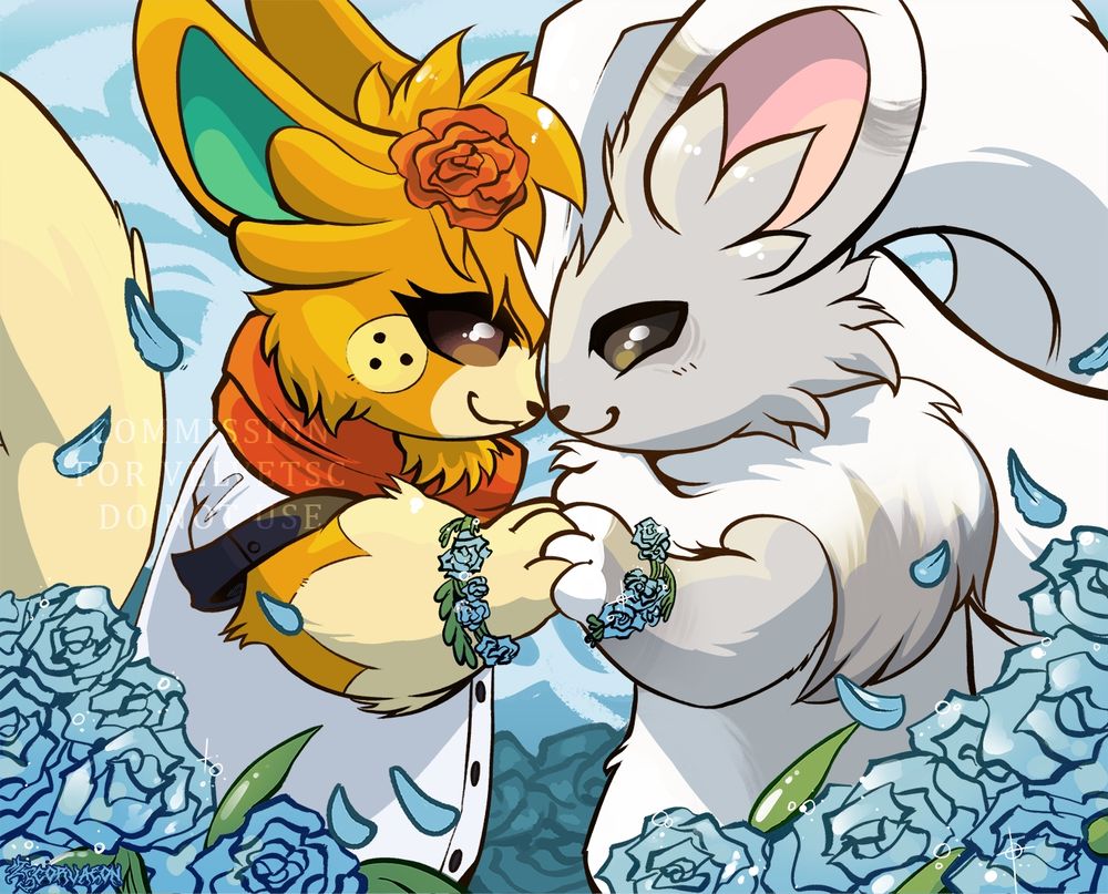 an artwork featuring two pokemon characters: an orange pawmot and a gray cinccino. Their paws are joined together in a loving hold and they wear woven bracelets on their wrists made of blue flowers. Flower petals drift in the air surrounding them as they stand in a field of florals. The Pawmot has a red flower in her hair and a red scarf on her neck. She wears a white button up with dark blue cuffs. The cinccino has unique markings, including dark gray beneath the eyes and white tips on his paws and ears. 