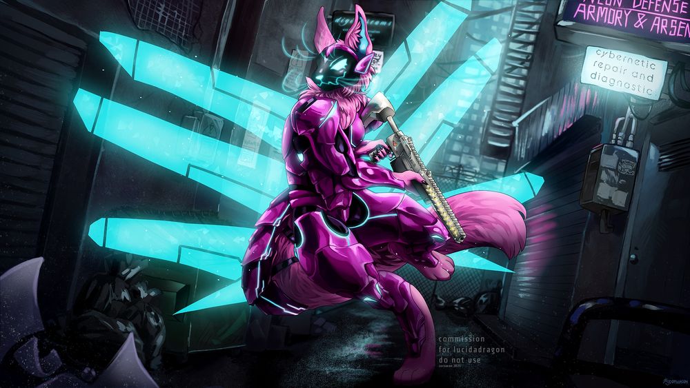 A pink anthropomorphic cat, with magenta mechanical armor and blue hard-light wings, runs through a city alley. She is in pursuit of something, or someone, and wields a charged laser rifle. Neon lights border her amidst the dreary and dark city! She stands out in the scenery, like a colorful reaper. 
