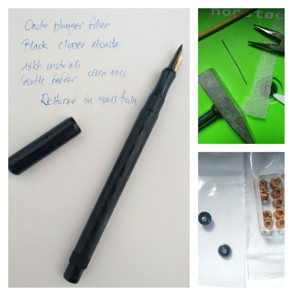 photocomp of a writing test of the repaired onoto, plus pictures of tools and parts (seals, gaskets, hammer, pliers etc.) used for repair