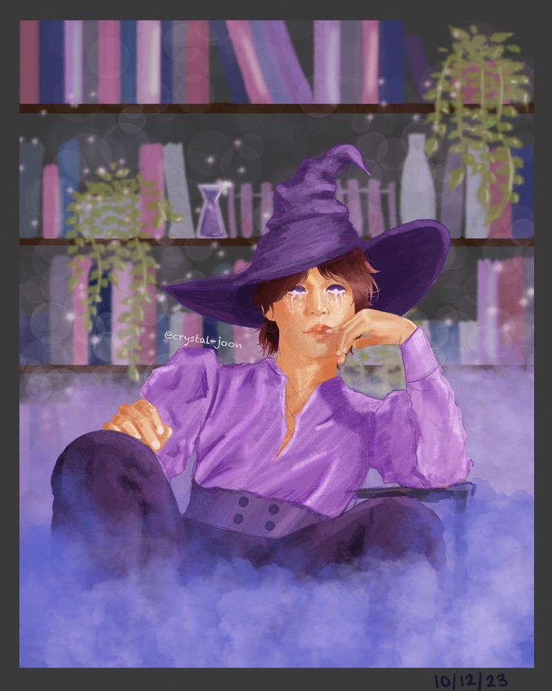 Digital drawing of Jimin from BTS sitting in a chair surrounded by fog. He wears  a purple outfit and a purple witch hat. There’s a bookshelf with plants in background and sparkles scattered. 