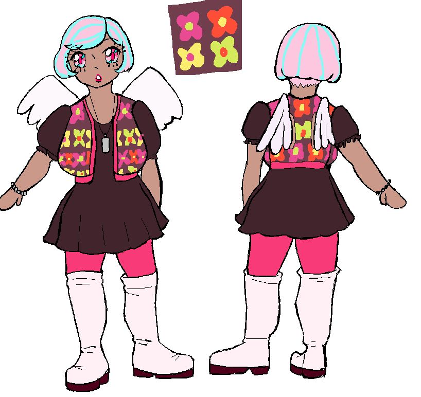 a drawing of my joke-y metaphor refantazio oc, lucrecia. she has pink and blue hair and a 60s modish outfit; bold floral colours, mini skirt, brightly coloured tights and gogo boots. 