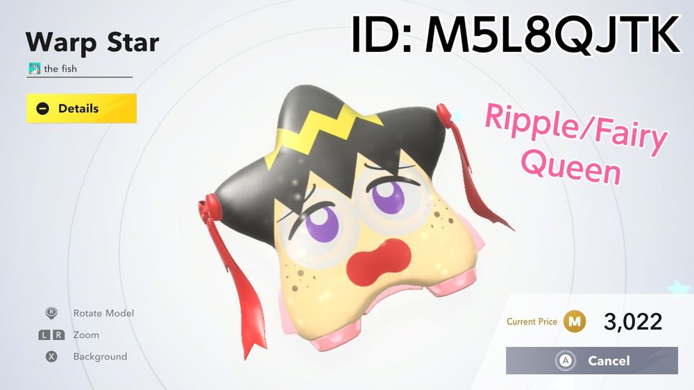 A screenshot of Kirby Air Riders for the Nintendo Switch 2. Using the My Machine function, the Warp Star has been customized to represent the Ripple Star/Fairy Queen from Kirby 64: The Crystal Shards. 

The machine ID is: M5L8QJTK 