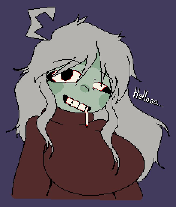 a zombified version of my sona, she's smiling with a drooping eye and saying "hellooo..."