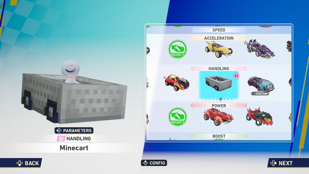 A screenshot of Sonic racing crossworlds depicting sage from Sonic frontiers in a minecart from Minecraft