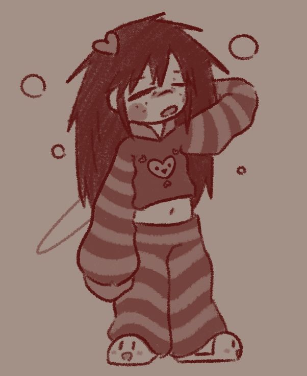 ripple star queen from kirby 64, just woken up with her hair down all messy and wearing large striped pajamas, she's wearing kirby slippers and ripple star can be seen on her shirt Oh yeah she has a heart hairpin as well i forgot about that