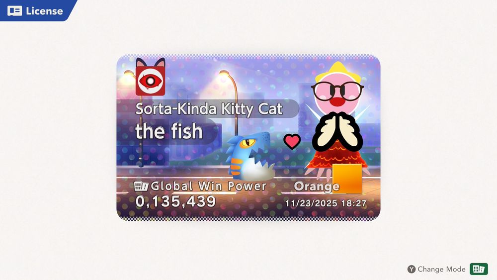 my license in Kirby Air Riders. on it is an arrangement of stickers to depict the Ripple Star Queen with the limited stickers provided. next to her is Water Galboros as a stand-in for myself, with an HP Up heart between the both of them