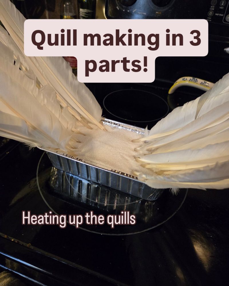 A rectangle metal baking pan filled with white sand on a stovetop. There are white goose feathers sticking out of it. The caption reads: Quill Making in 3 parts, Heating up the quills.