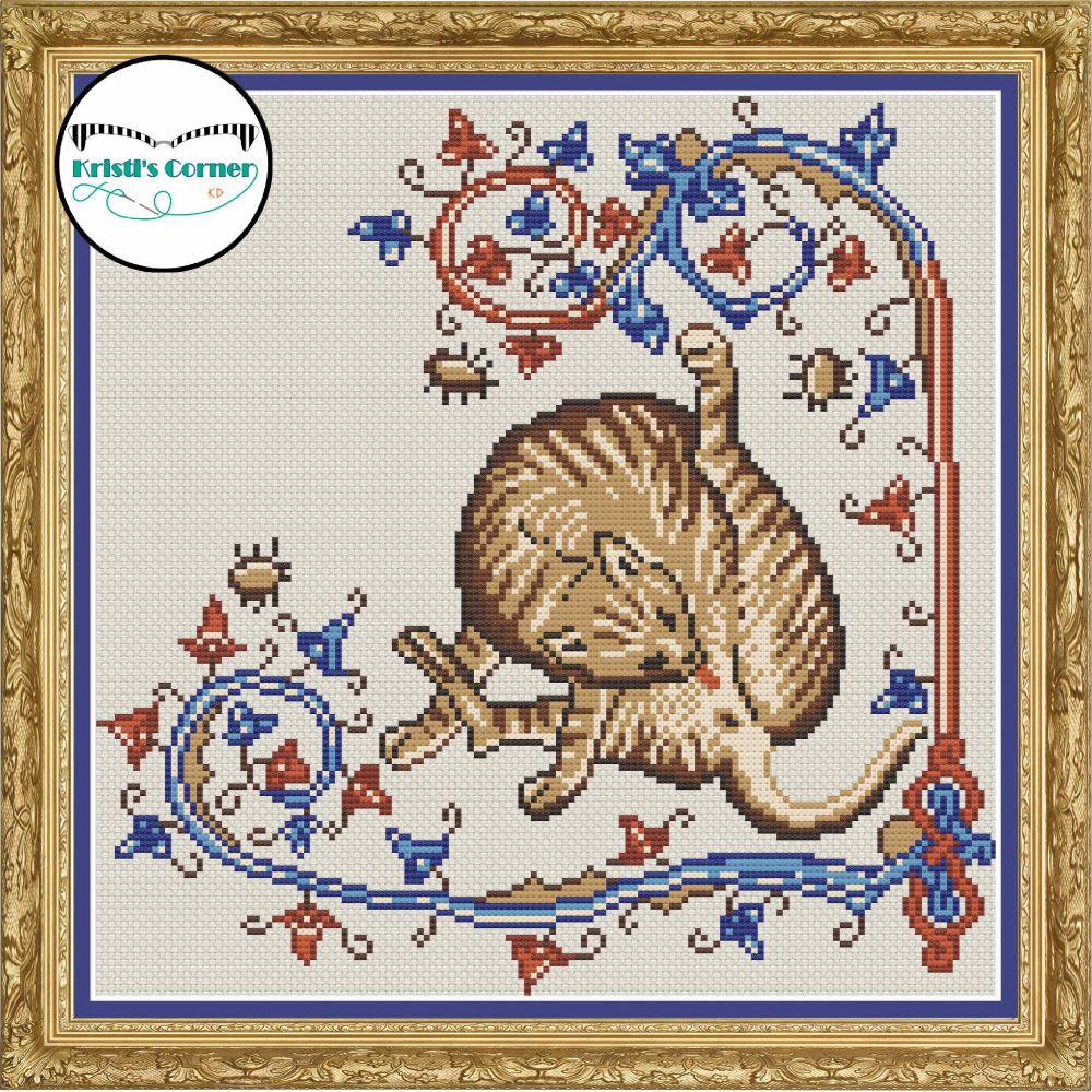 Stitched medieval image of a cat licking its butt on a swirly floral vine thing with some bugs
