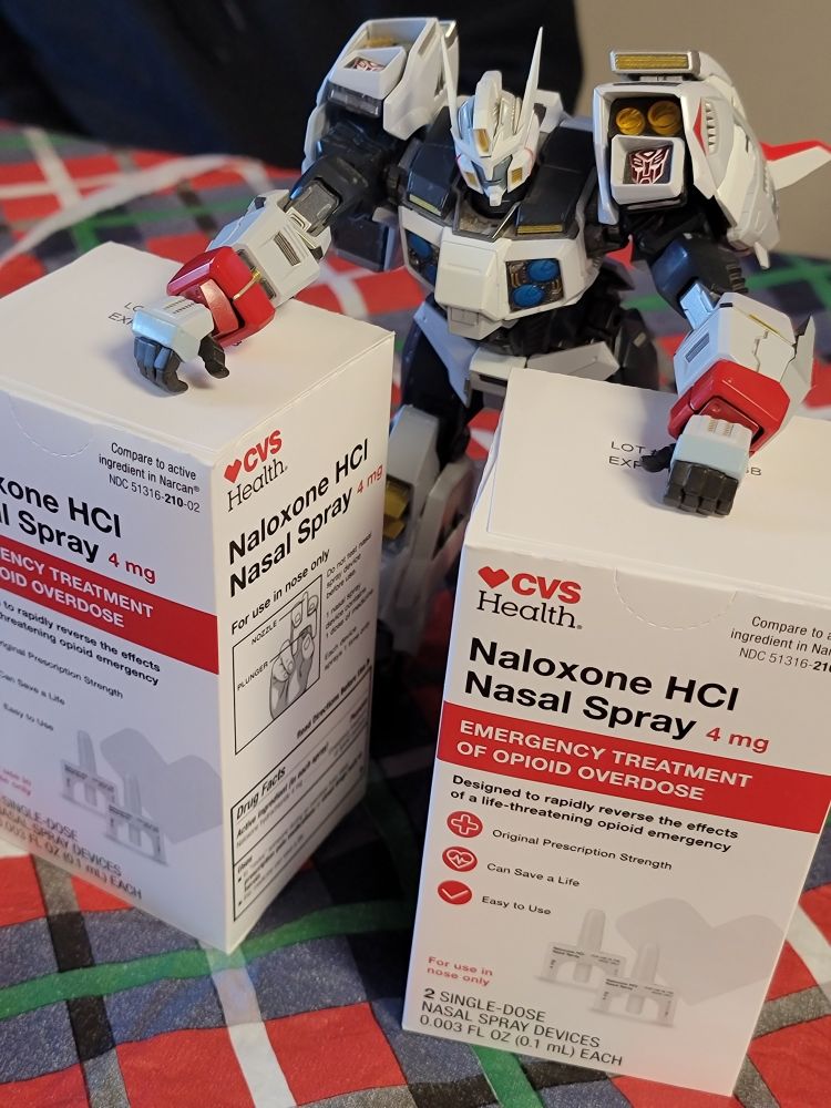 Drift, a Transformer, posed over two boxes of naloxone at the Colfax Cats table