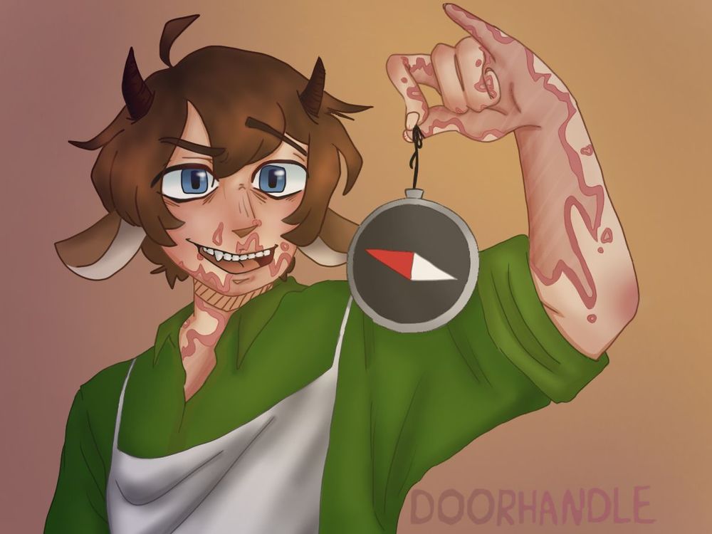 Redrawn frame from Sad-ist's Hog Hunt animation featuring Butcher Tubbo holding up a compass and grinning. 