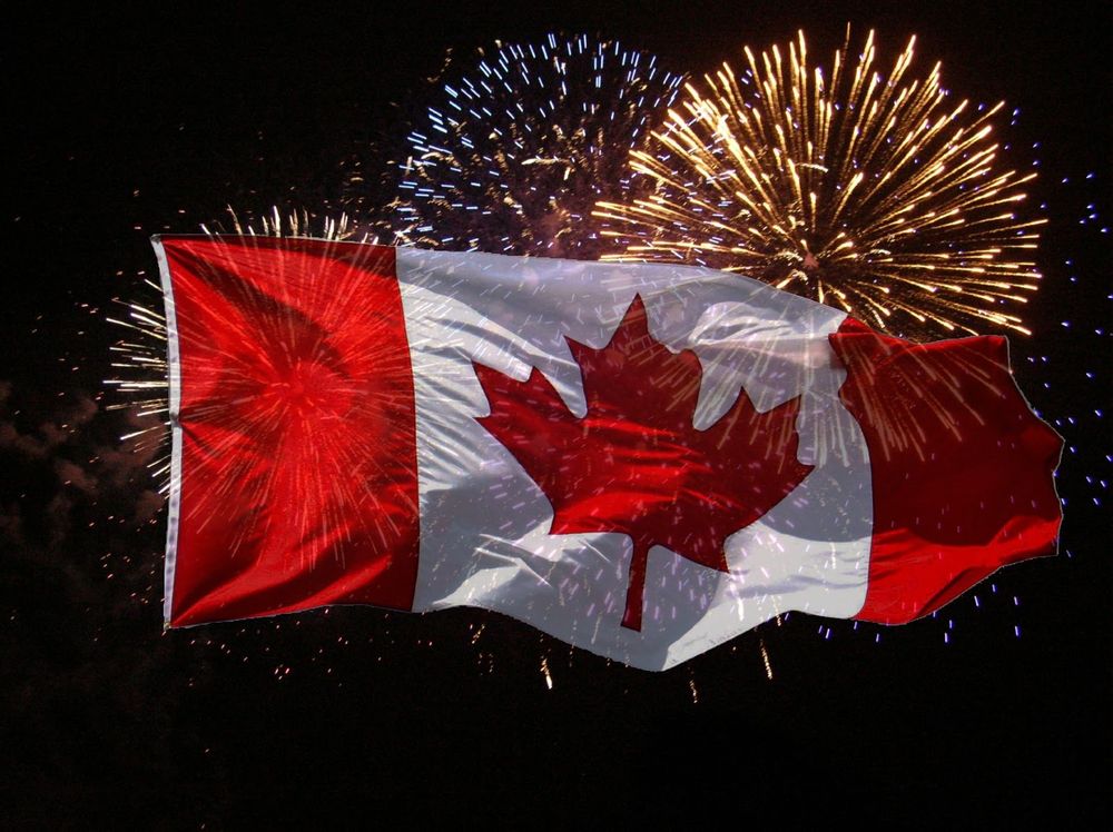 Happy Canada Day - Canadian Flag and Fireworks