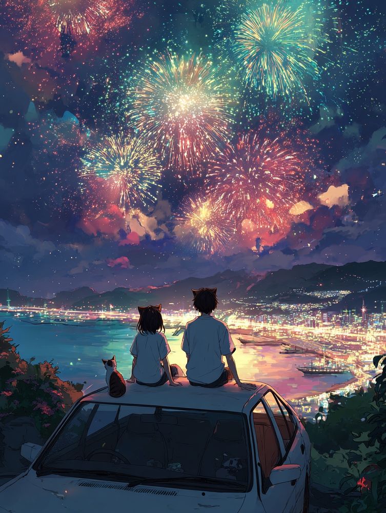 拝借したプロンプトに白の要素を多めに足して花火や夜の町が際立つ色遣いにしてみました><