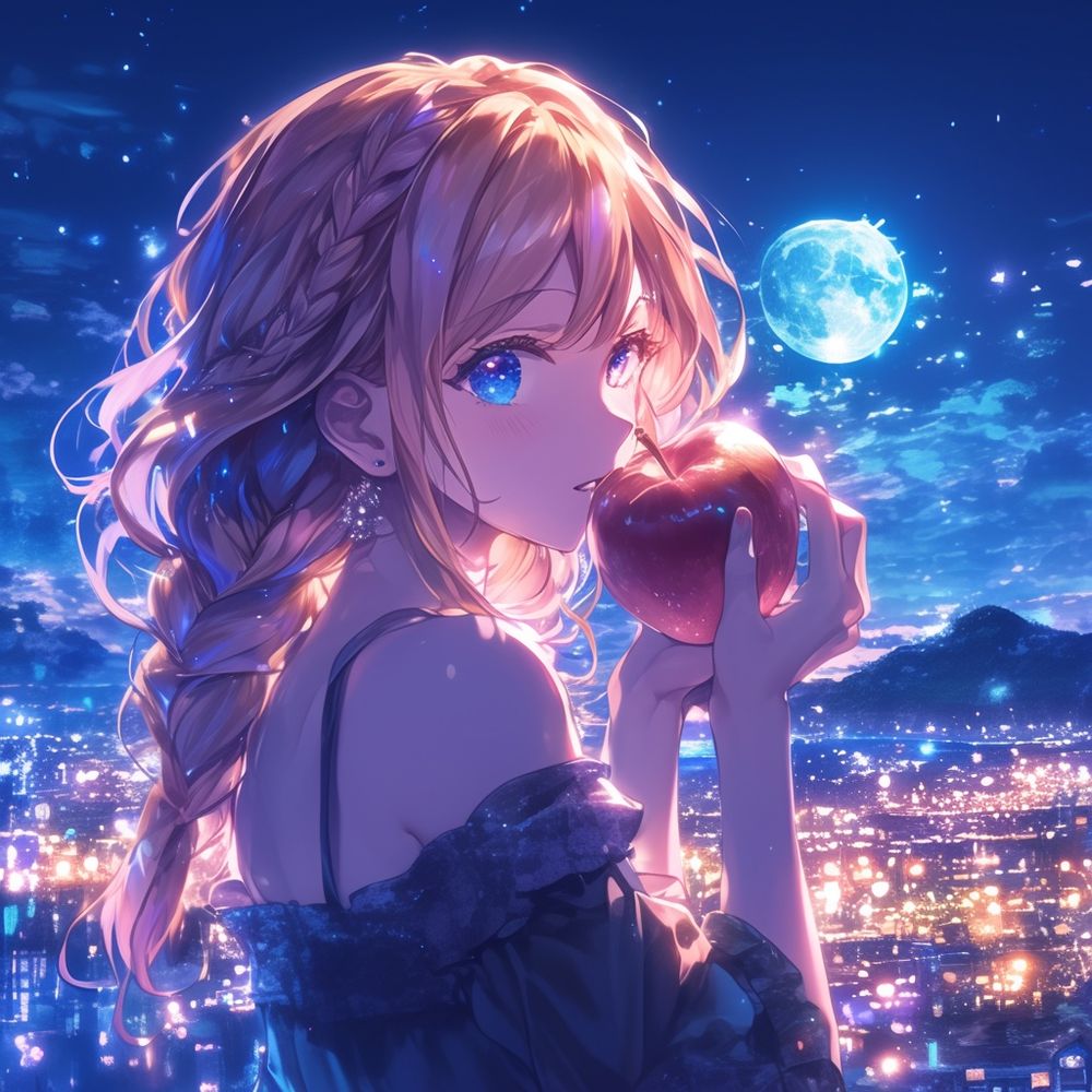 In the background, the fantastic moon shines and shines beautifully in the moonlight, shining in the mysterious cityscape, and the cute girl's face with pink semi-long hair in the style of (return beauty) has big and moist eyes, and very cute with a small face, the girl is gnawing a shiny red apple with her mouth, and the back beauty transmitted from the back in a black dress, the whole body figure, the illustration shines beautifully and beautifully