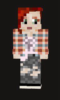 a minecraft skin with a red-ish plaid shirt and grey ripped jeans and red hair