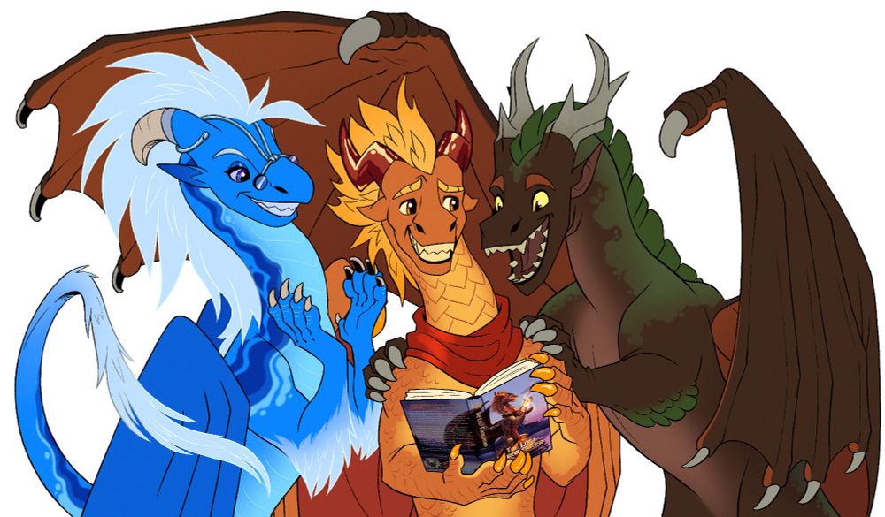 From left to right: Scout, a blue dragon. Ash, an orange dragon. Albuca, a brown dragon. They are celebrating the release of their new book.