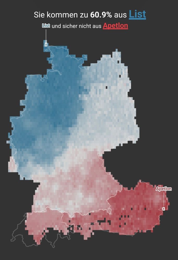 Auf dem Bild sieht man eine Deutschlandkarte. Der Nordwesten ist blau eingefärbt, der Südosten rot, dazwischen befindet sich ein diagonaler Farbverlauf. 

Zwei Städte sind markiert - im Nordwesten List, im Südosten Apleton. 

Oberhalb der Grafik steht "Sie kommen zu 60,9 % aus List und sicher nicht aus Apleton". 
