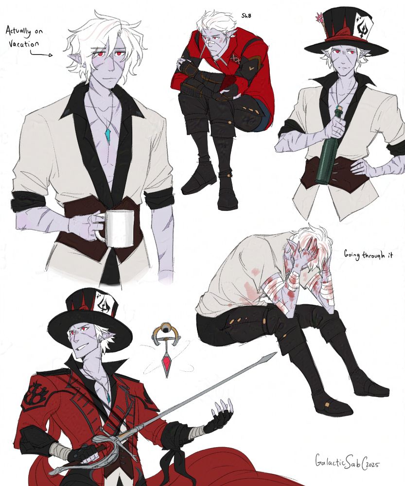 several flat colour doodles of my ffxiv character jarvis. He's an albino duskwight elezen with short white hair slicked back, and red eyes. Hes wearing various forms of his usual outfit, the roseblood coat. sometimes hes got the coat on, sometimes just the undershirt. one of them he has his hair down, etc etc.