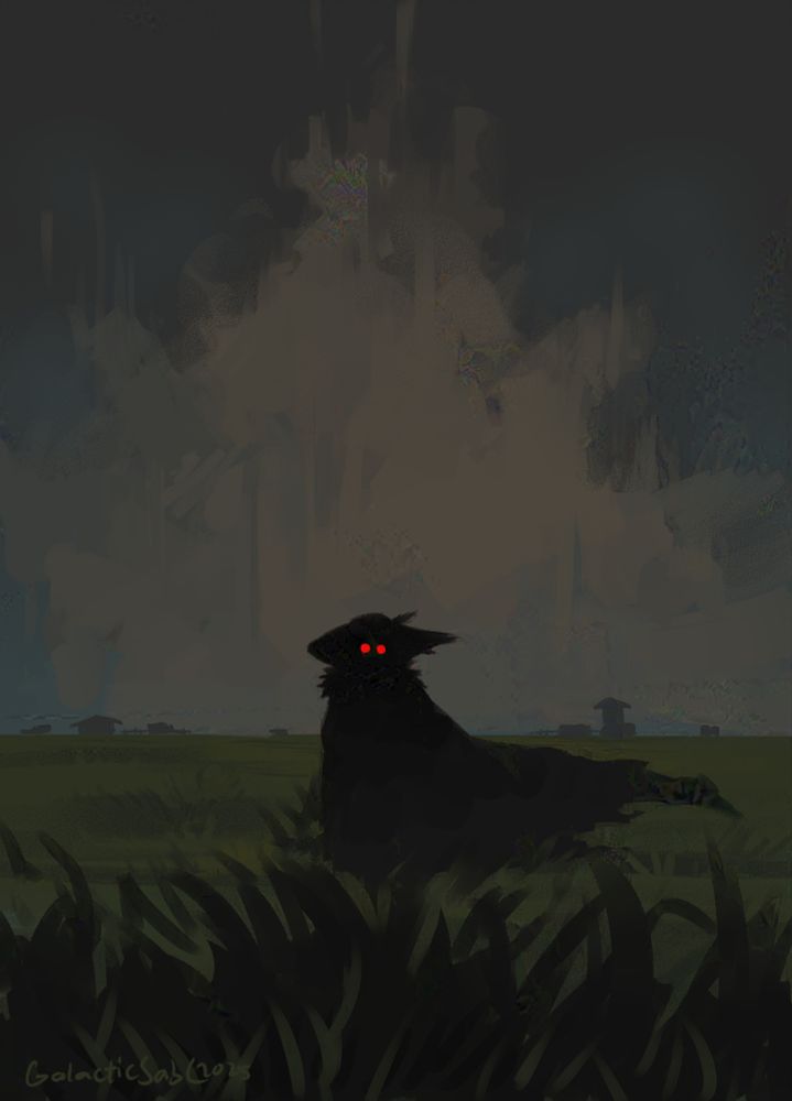 quick coloured painting of edgar, my rogue/warlock in a field of green grass with a deep cloudy sky above. he is looking at the camera head on, but his form is completely silhouetted except for his red tinted glasses