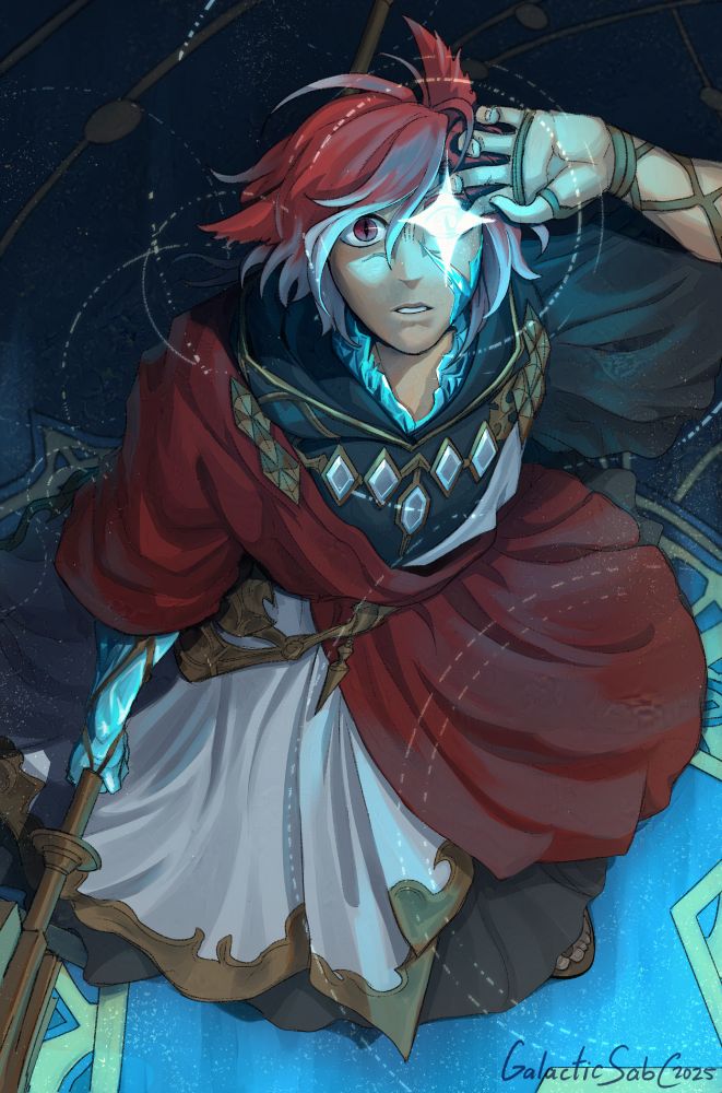 full coloured illustration of G'raha tia from ffxiv in his crystal exarch clothes with no hood on and his hair loose. He's standing in the ocular and looking up. covering his left eye is a star, that radiates magic.
