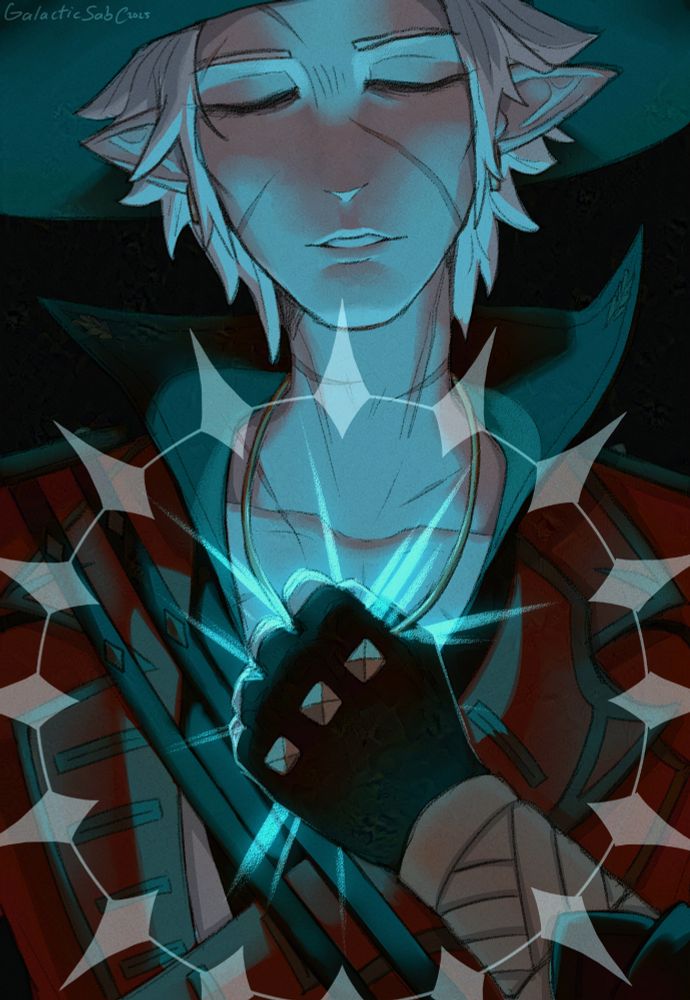 digital illustration of my WoL Jarvis. He's an albino duskwight elezen with white hair loosely slicked back and he's got scars on his face and some earrings. Jarvis is a red mage who wears the evenstar hat, and roseblood coat.

In this drawing he is holding his wayfarer's necklace, which is a small piece of crystal carved into an arrow-head like shape tied around a leather cord. It glows in his hand and gives off a soft blue light