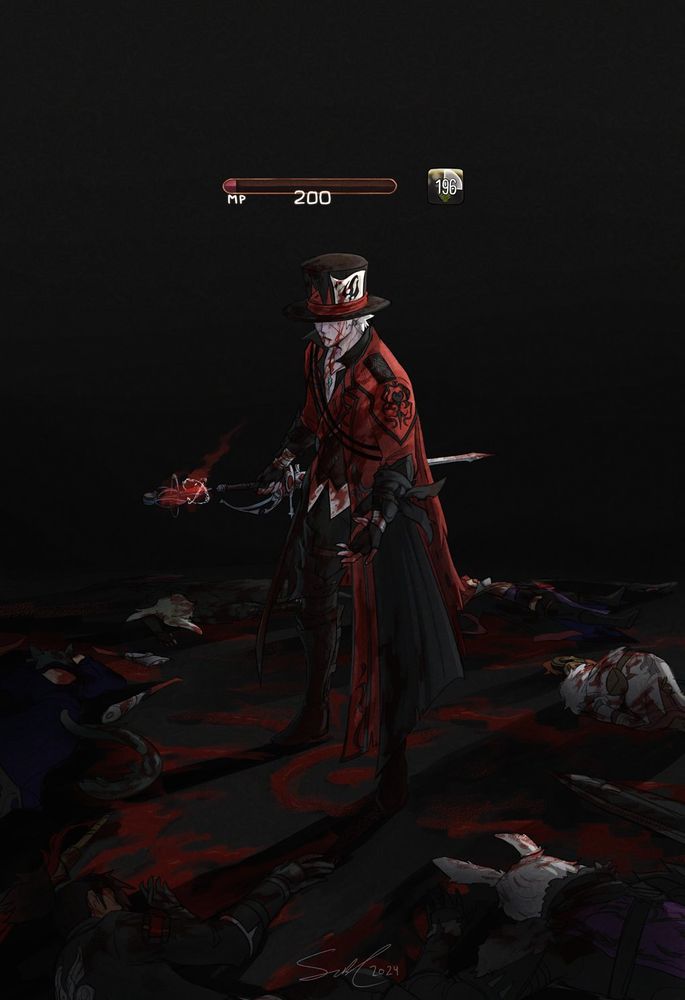 Full coloured illustration.
My WoL, Jarvis, a red mage wearing the evenstar hat and Roseblood coat, is standing in a dark, almost black room. He is the only one standing, as he is covered in blood. Surrounding him is his party, everybody is dead. A party wipe. He has his rapier and focus ready to cast, but alas, he has no mana whatsoever.