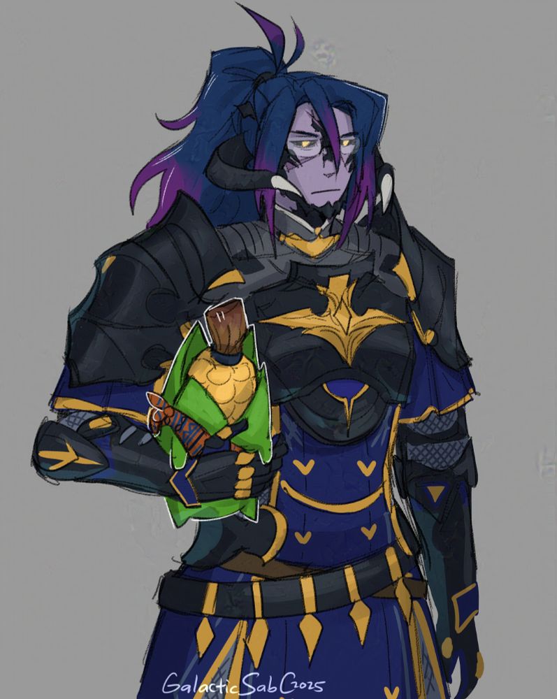 my ffxiv alt character Colbalt. he's a xaela au ra with long blue hair tied in a ponytail, and purple skin. he's wearing glasses on his face, and the lv 100 pld gear dyed black and midnight blue. underneath his arm he is holding the cornservant like its his child