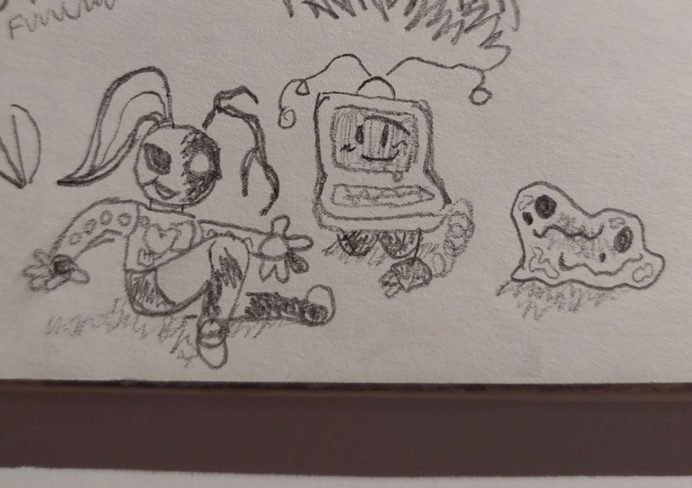 Doodles of three characters, little biggs, musicbot and an unamed character. Little bigs is a robot based on a doll, but very disheveled and damaged. The unnamed character is a slime blob with two melty simple faces.