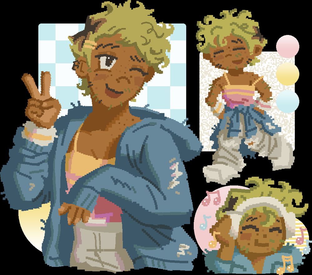 Another drawn collage with three drawings of a friendly person with a cosy fashion style and warm palette.