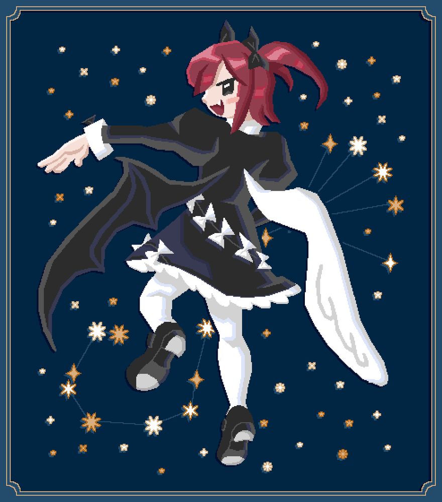 A drawing of a character with one demon wing and one angel wing. Background is filled with stars in one version of the scorpius constellation.