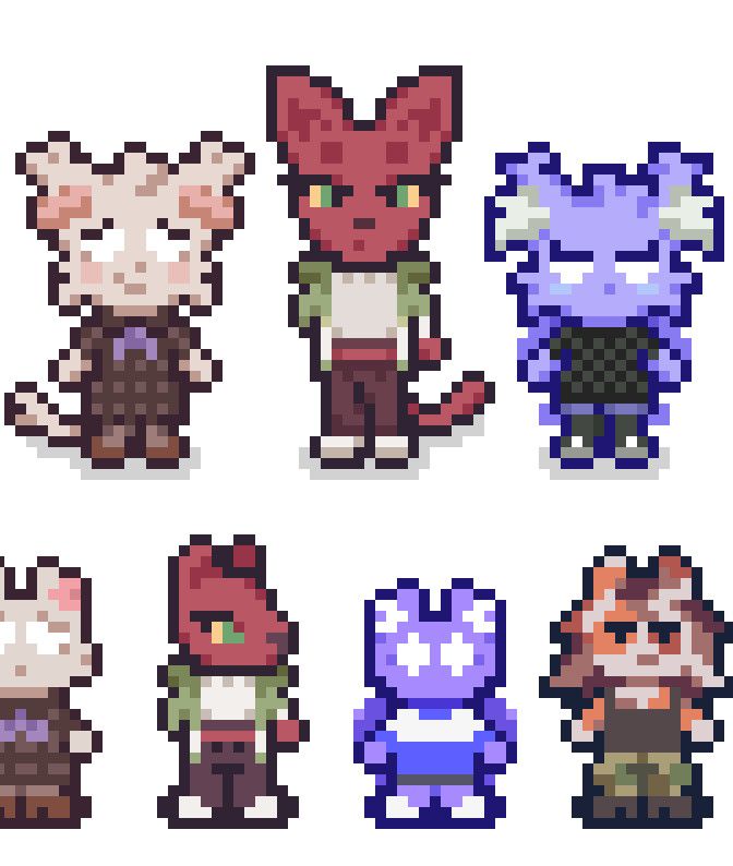 A screenshot of finished game sprites. There are three furry characters being redrawn from a older version of the sprites, which are below. Ana looks straight forward in the new sprite while the old has her in a side profile.