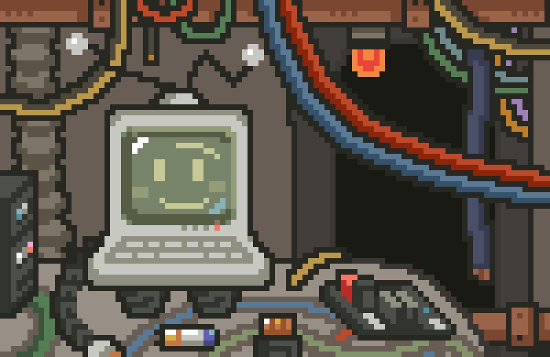 Musicbot drawn in a pixel style, they are in a messy room with metal walls with wires everywhere, as well as some tech junk.