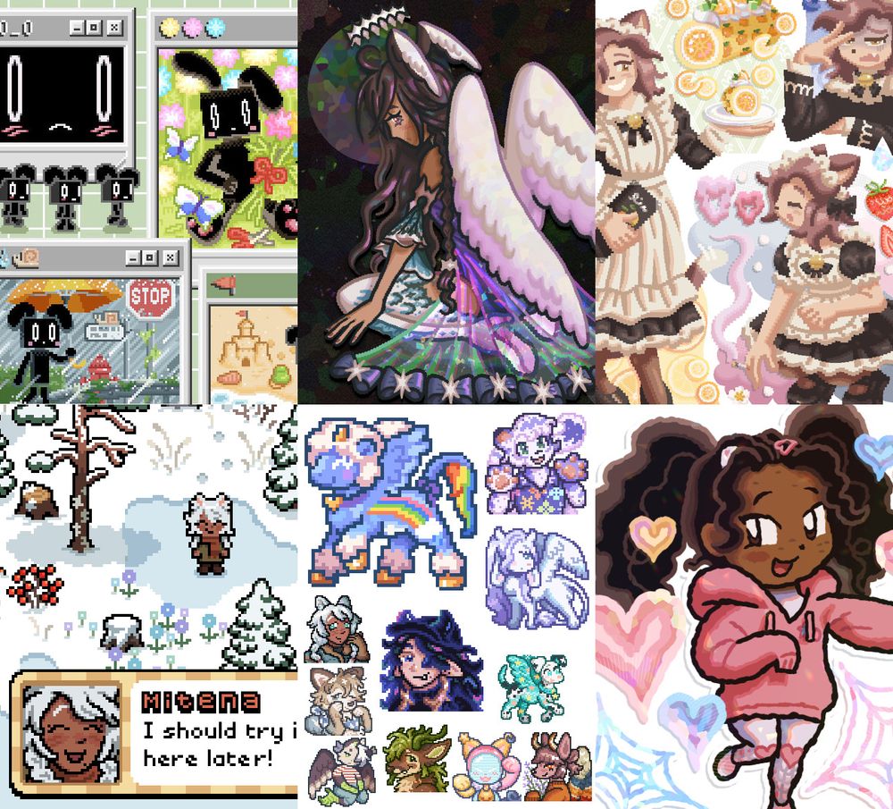 A compilation of different drawings, used as examples for art commissions.