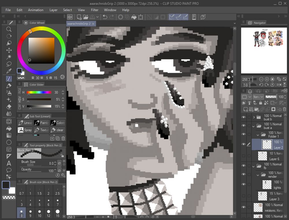 Print screen of a drawing program with a character drawn with a  chunky pixelated brush. Her nails have small, more detailed, pearls in  a gothic style.