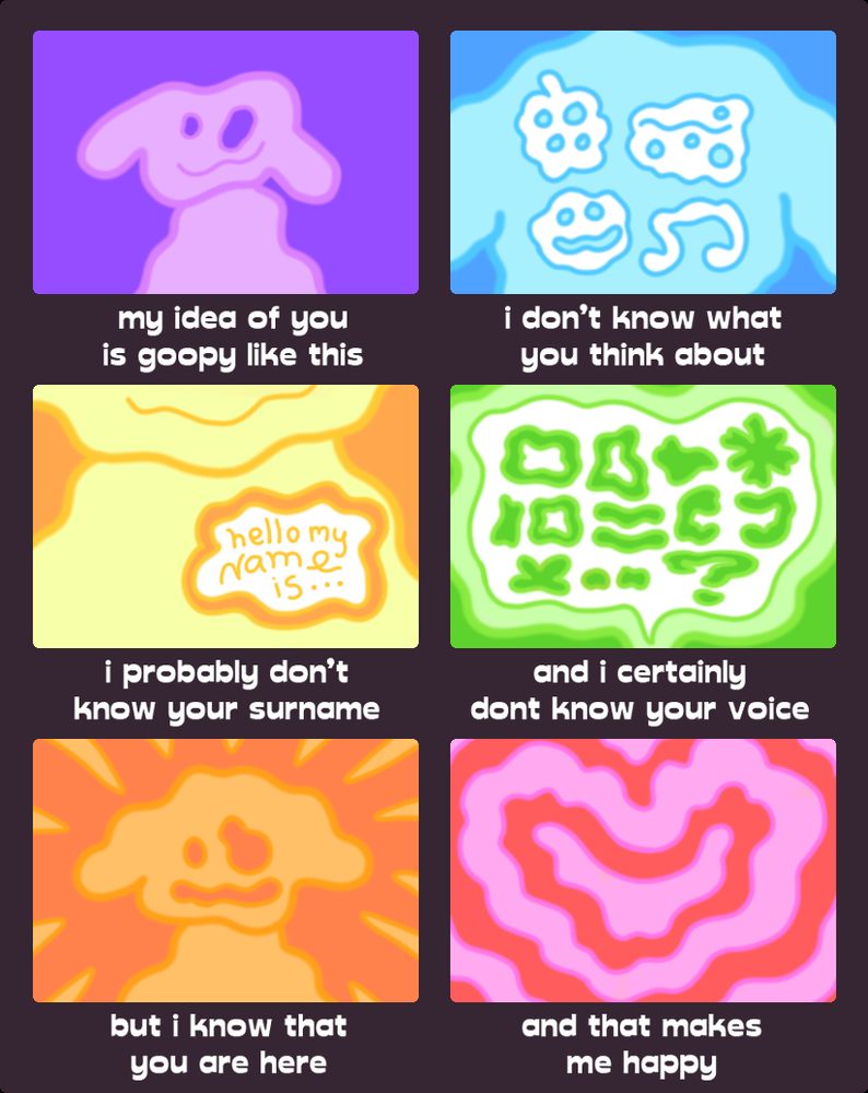 Image is a drawn comic with 6 panels. First panel is a goopy creature, narration says "my idea of you is goopy like this". Second panel is a close up of the creatures head and its thoughts, narration says "i don't know what you think about". Third panel is the creature wearing a name tag saying "hello my name is..." the narration says "i probably don't know your surname". Fourth panel is a speech bubble with random symbols in it, narration says "and i certainly don't know your voice". Firth panel is the goopy creature smiling sweetly, narration says "but i know that you are here". Sixth and last panel is a heart, narration says "and that makes me happy".