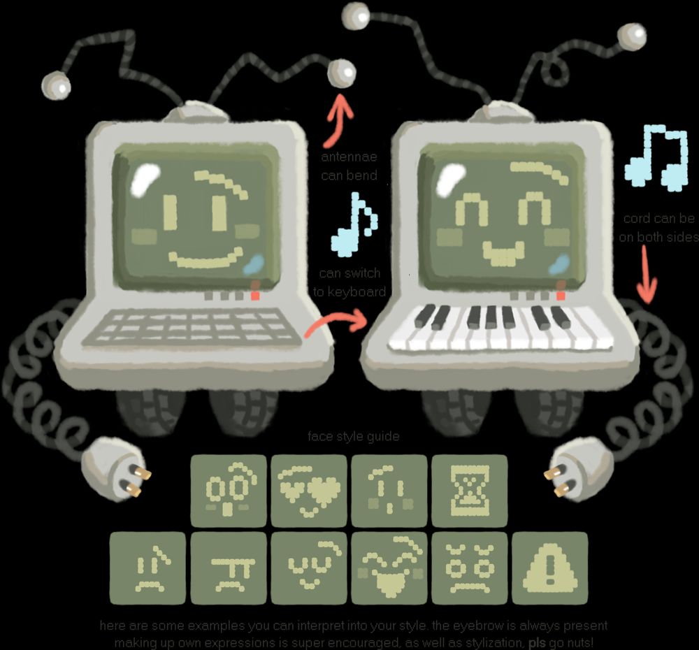 A reference sheet of Musicbot, a robot resembling a retro monitor on wheels. They have a cord loose like a tail and a computer keyboard that can turn into a piano keyboard.