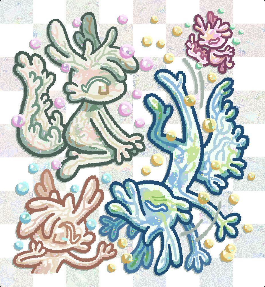 A digital illustration depicting a translucent jelly-like humanoid with bubbles floating around them. There are four drawings of them, like a character page.
