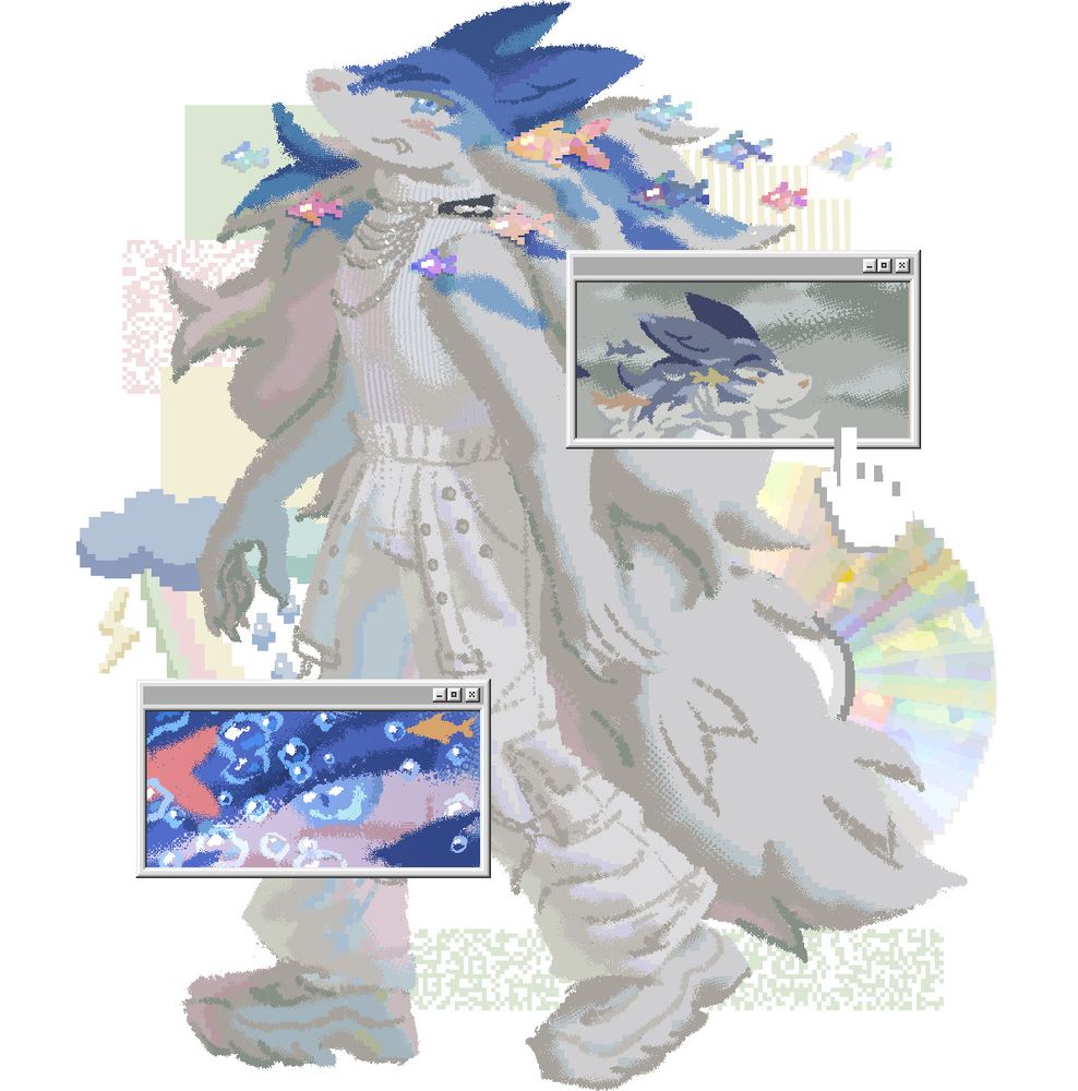A drawing collage of a furry character that has fish floating around their head. There are windows showing other drawings of the character, floating around the main full body art piece.