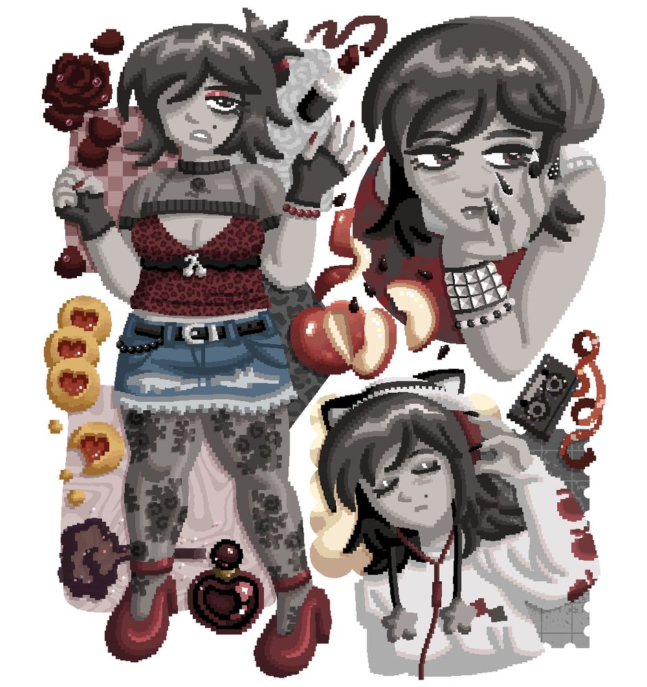 A digital art collage piece with three different drawings of an alternative-fashion girl. The palette is monochrome between black and white with lots of red objects like roses and apples as decoration.