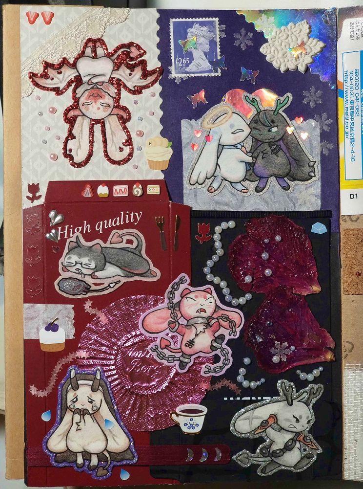 Photo of a big traditional collage with seven different succubun characters. They're small bunny-like creatures with demon horns and tails. The collage has lots of different materials in a gothic style. Some of the characters are vampires. Pearls and glitter galore!