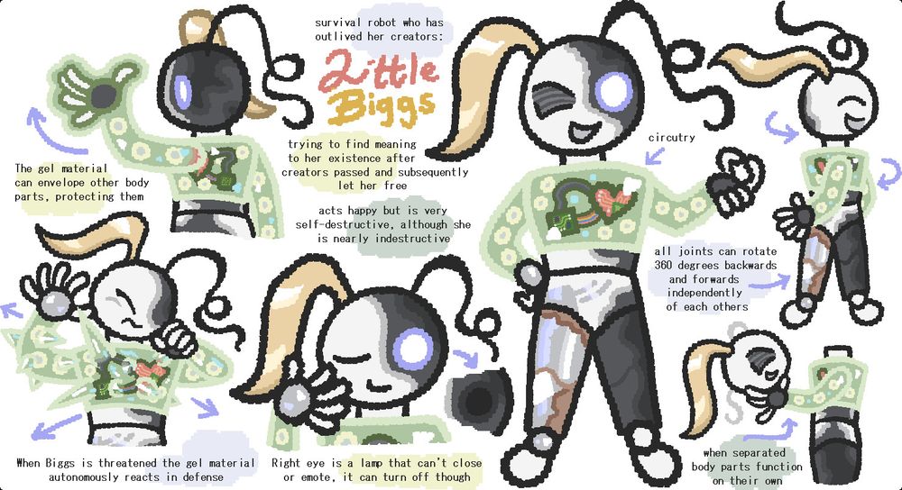 A character design reference sheet of a robot named Little Biggs. There are six different drawings illustrating different desgin details with texts describing them. The texts say: "Survival robot who has outlived her creators. (She's) trying to find meaning to her existenve after creator passed and subsequently let her free. Acts happy but is very self-destructive, although she is nearly indestructible." The robots upperbody (except her head and hands) is made out of a gel-like material. "The gel materil can envelope other body parts, protecting them." "When Biggs is threatened the gel material autonomously reacts in defense (in the form of spikes.)" "(Her) right eye is a lamp that can't close or emote, it can turn off though." "All joints can rotate 360 degrees backwards and forwards independently of each others." "When separted body parts function on their own."