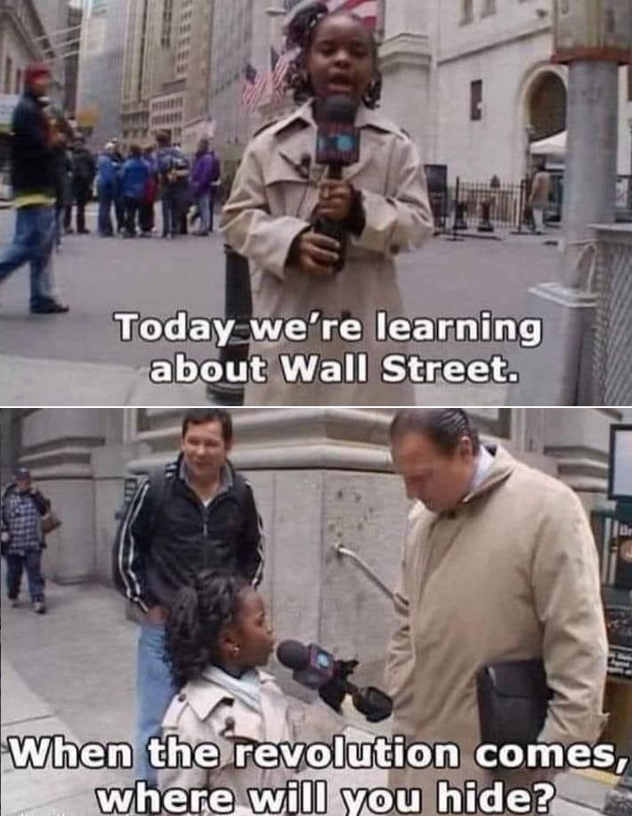 A scene from the 'Beat Kids' segment from Wondershozen.

First panel is a smal child in a news reporters trench coat holding a microphone. She is saying "Today we're learning about Wall Street."

Second panel she has stopped a man on the street and asks "When the revolution comes, where will you hide?