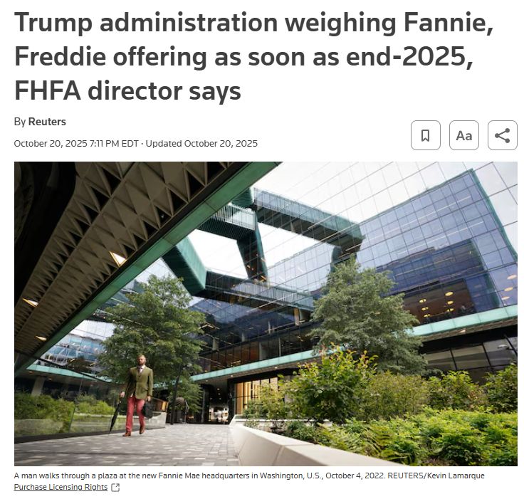 Trump administration weighing Fannie, Freddie offering as soon as end-2025, FHFA director says