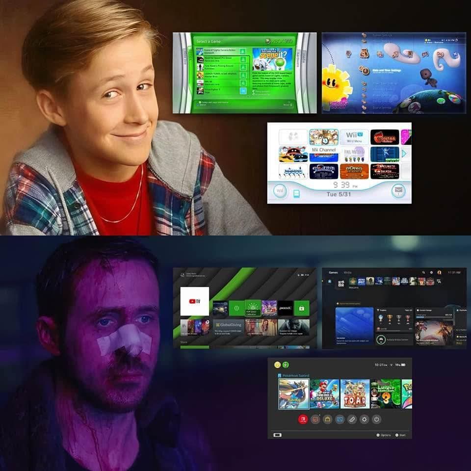 A young Ryan Gosling is shown next to the 'front pages' for the Xbox 360, PS3, and Wii. All are colorful and vibrant

A ragged Ryan Gosling from Blade Runner is shown next to the 'front pages' for the current gen for Xbox, Playstation, and Nintendo. All are devoid of color and look the same.