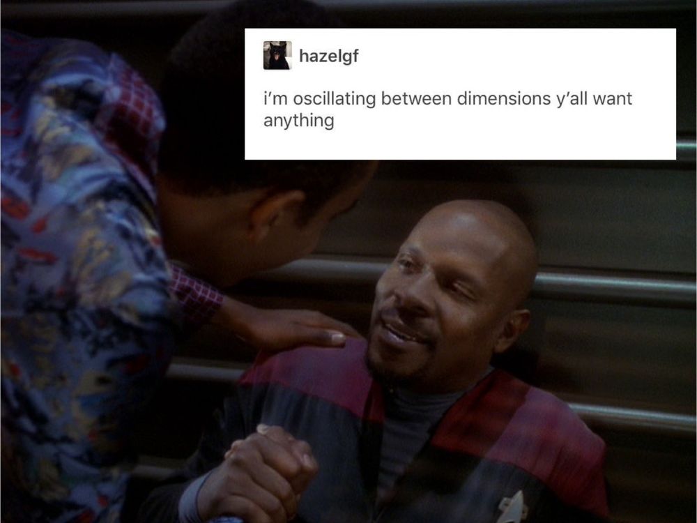 Screen cap of Jake Sisko kneeling down and putting his hand the shoulder of a slumped-against-the-wall Benjamin Sisko, looking woozy.

Tumblr post: hazelgf - i'm oscillating between dimensions y'all want anything