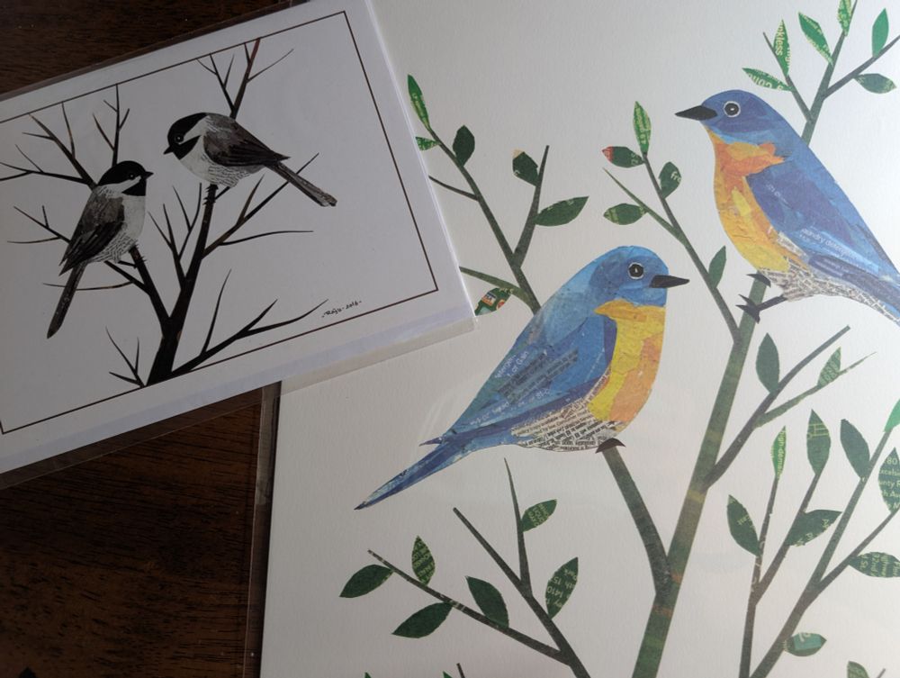 Prints of birds made entirely from recycled newsprint, made by Raju's Arts from Hopkins MN.