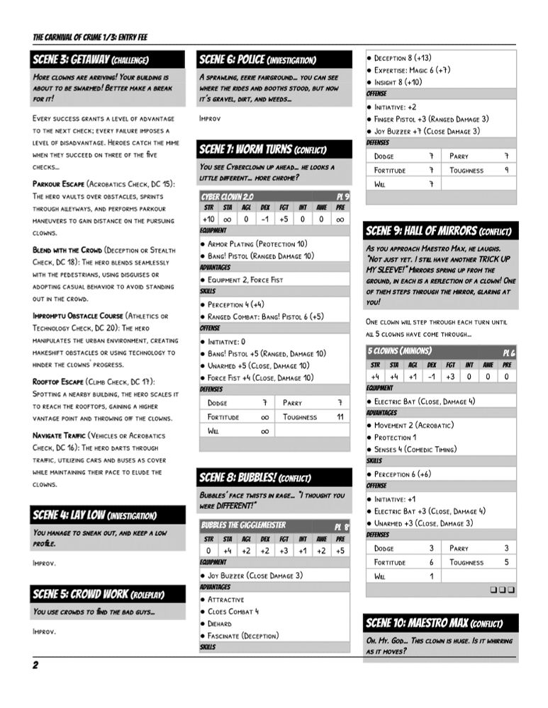 The second page of "Carnival of Crime, Part 2: Rides & Games," an adventure for the "Mutants & Masterminds" table-top role-playing game!