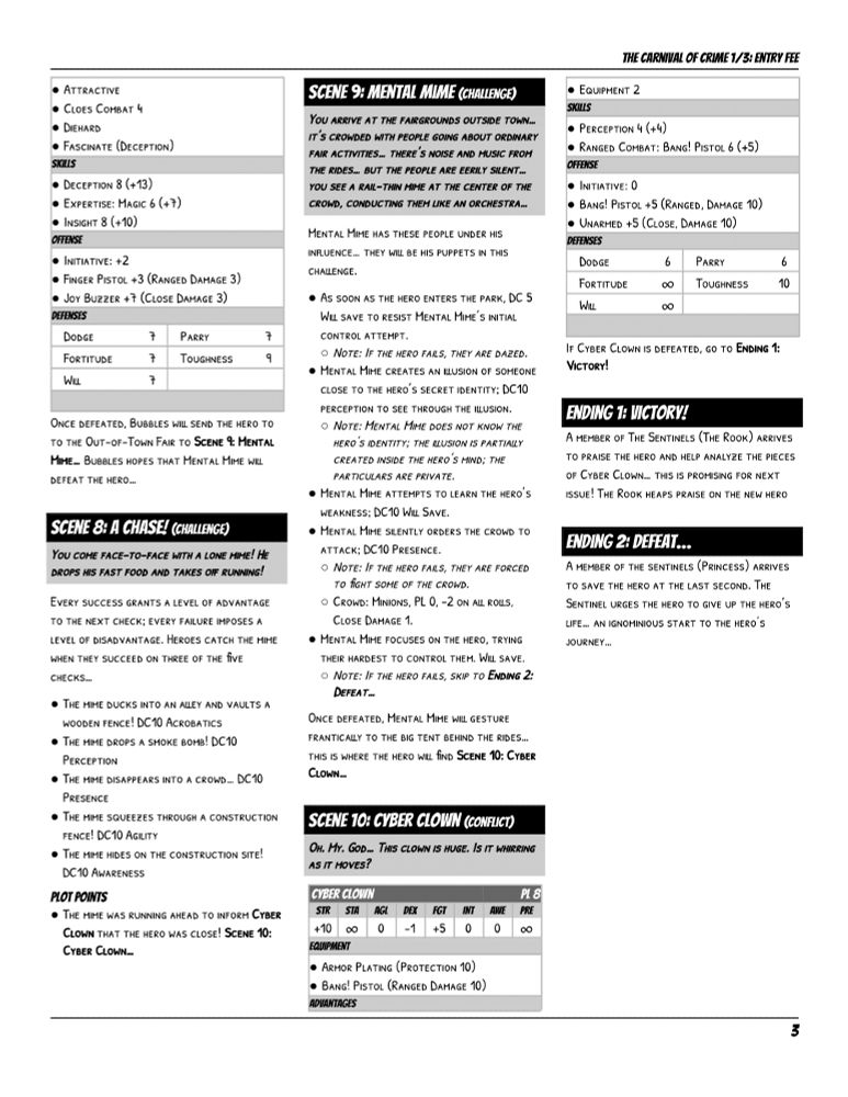 The third page of "Carnival of Crime, Part 1: Entry Fee," an adventure for the "Mutants & Masterminds" table-top role-playing game!