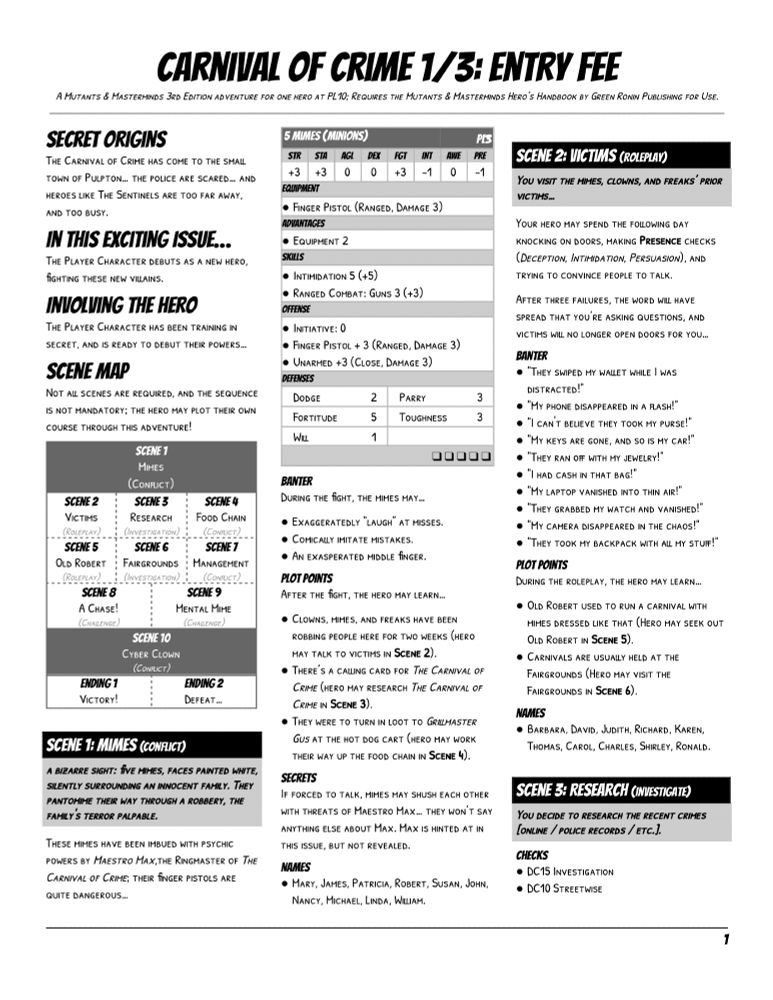 The first page of "Carnival of Crime, Part 1: Entry Fee," an adventure for the "Mutants & Masterminds" table-top role-playing game!